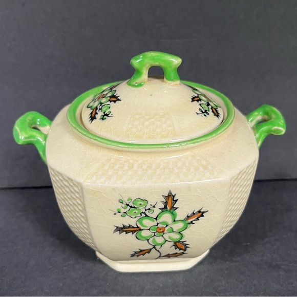 VTG Japan Tea Set Teapot Sugar Bowl Cream Pitcher Yellow Cottage Green Floral - Picture 10 of 15